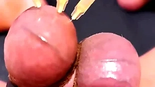Testicle skewering cbt, edging & cumshot with 3 needles, precum & stretched balls