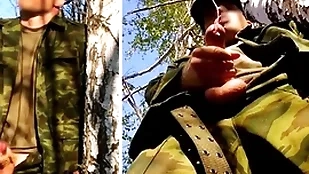 Russian brigand with a big dick on a military mission nearly the forest shoots sperm from his penis to hand opponents