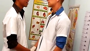 Uniformed twinks breeding asian instance in threesome for cum