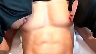 Awesome billet six line added to heavy pecs asian guy nipple played added to sucked