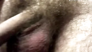 Hairy boy bringing off with chunky cock at hand front of roommate!