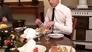 Twink waiter sucks and rides gumshoe after the dinner service